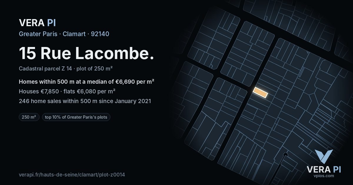 15 Rue Lacombe, Clamart at night – the plot lit, the parcels around coloured by the prices near them