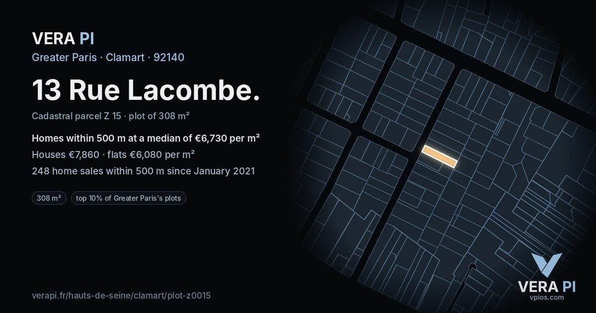 13 Rue Lacombe, Clamart at night – the plot lit, the parcels around coloured by the prices near them