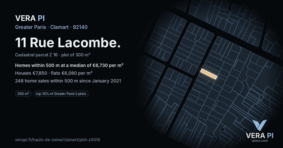 11 Rue Lacombe, Clamart at night – the plot lit, the parcels around coloured by the prices near them