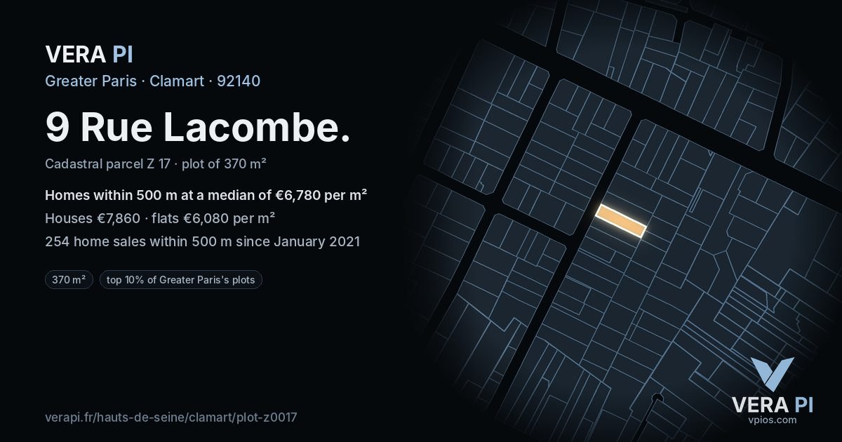 9 Rue Lacombe, Clamart at night – the plot lit, the parcels around coloured by the prices near them