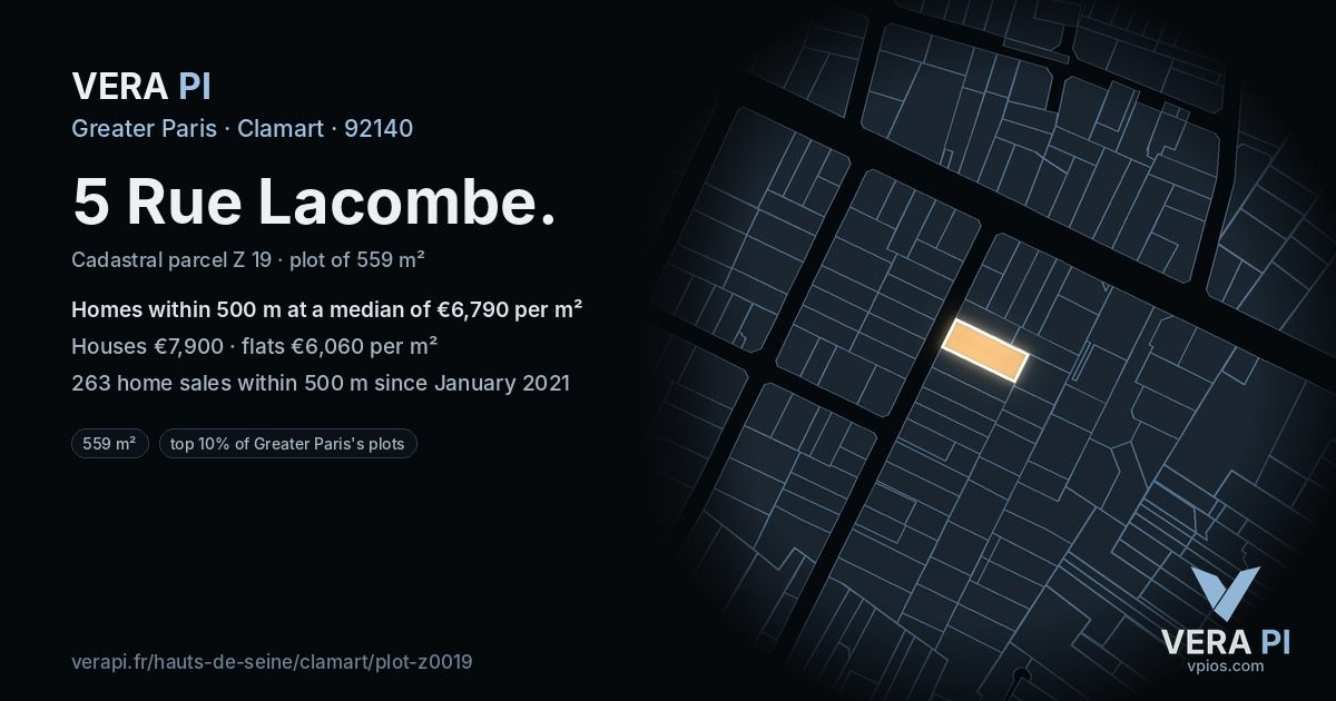 5 Rue Lacombe, Clamart at night – the plot lit, the parcels around coloured by the prices near them