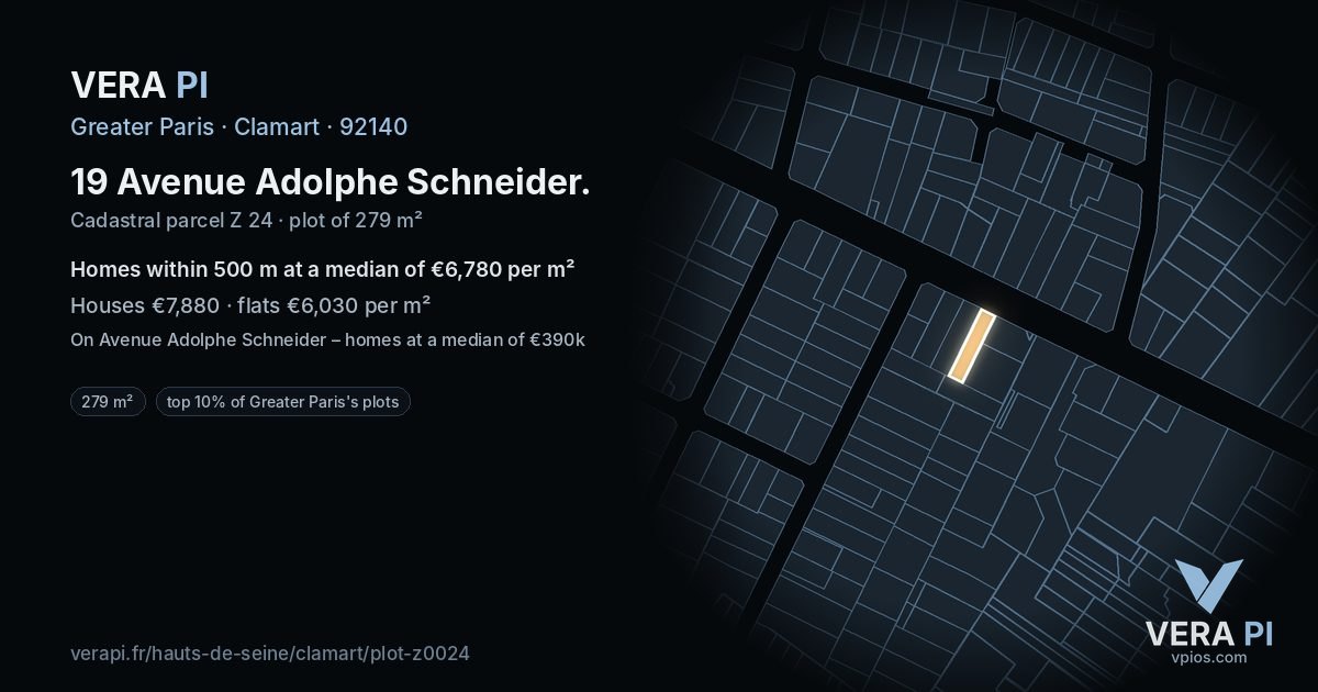 19 Avenue Adolphe Schneider, Clamart at night – the plot lit, the parcels around coloured by the prices near them