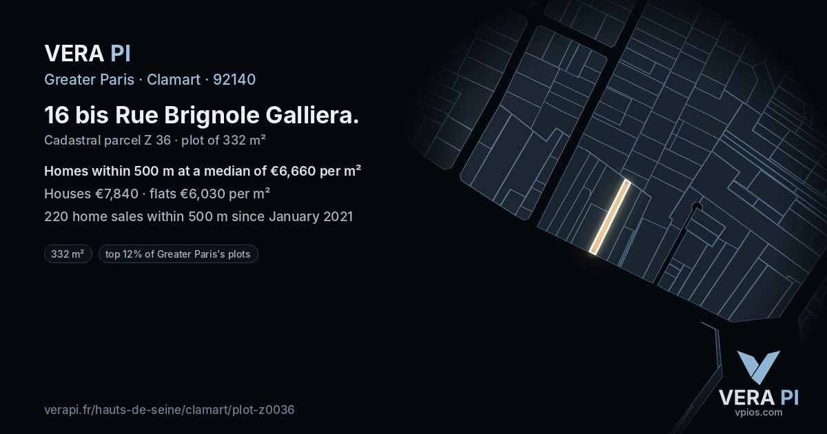 16 bis Rue Brignole Galliera, Clamart at night – the plot lit, the parcels around coloured by the prices near them