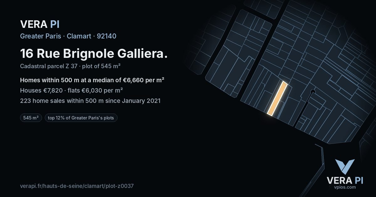 16 Rue Brignole Galliera, Clamart at night – the plot lit, the parcels around coloured by the prices near them