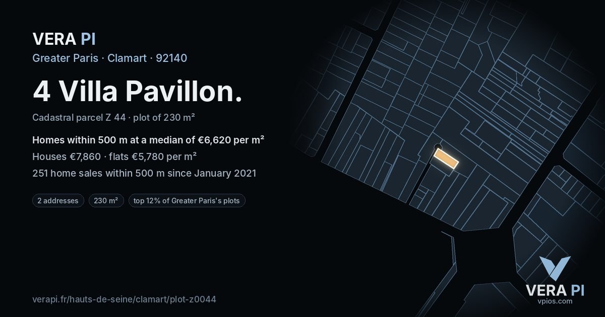 4 Villa Pavillon, Clamart at night – the plot lit, the parcels around coloured by the prices near them