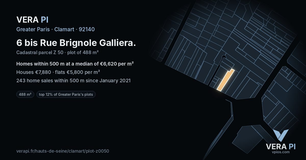 6 bis Rue Brignole Galliera, Clamart at night – the plot lit, the parcels around coloured by the prices near them