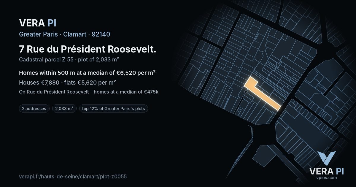 7 Rue du Président Roosevelt, Clamart at night – the plot lit, the parcels around coloured by the prices near them