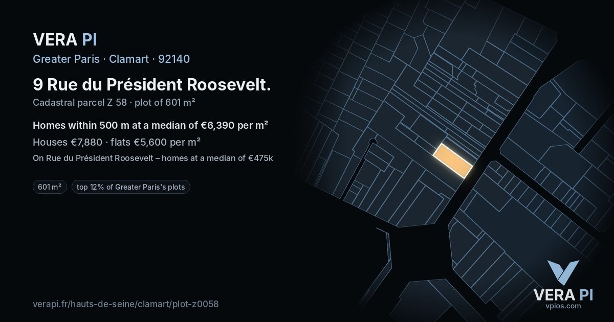 9 Rue du Président Roosevelt, Clamart at night – the plot lit, the parcels around coloured by the prices near them
