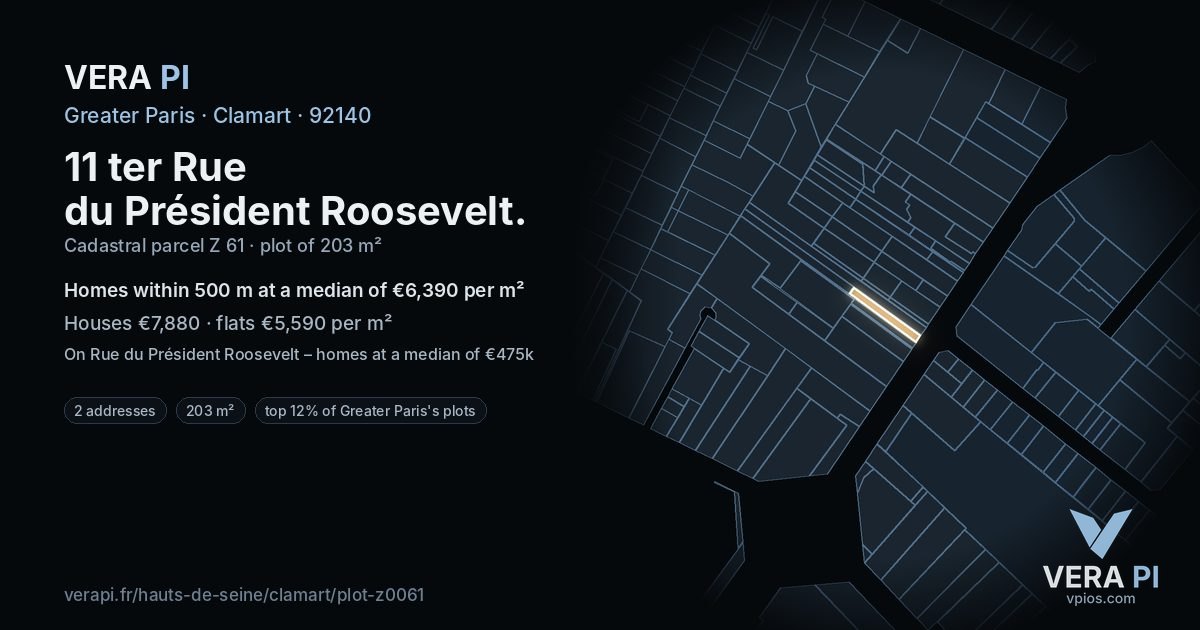 11 ter Rue du Président Roosevelt, Clamart at night – the plot lit, the parcels around coloured by the prices near them