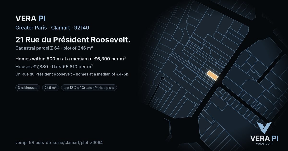 21 Rue du Président Roosevelt, Clamart at night – the plot lit, the parcels around coloured by the prices near them
