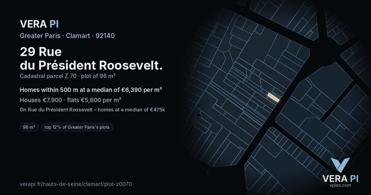 29 Rue du Président Roosevelt, Clamart at night – the plot lit, the parcels around coloured by the prices near them