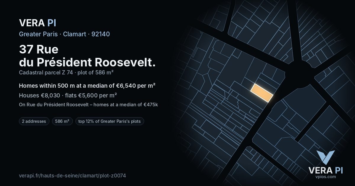 37 Rue du Président Roosevelt, Clamart at night – the plot lit, the parcels around coloured by the prices near them