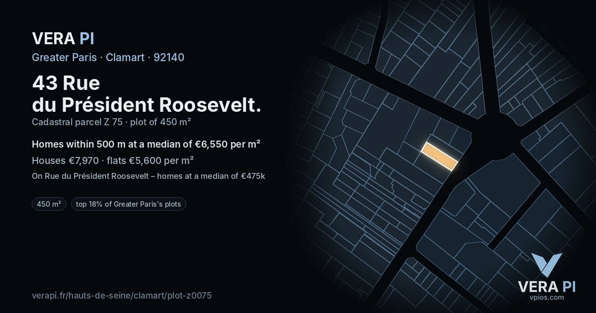 43 Rue du Président Roosevelt, Clamart at night – the plot lit, the parcels around coloured by the prices near them
