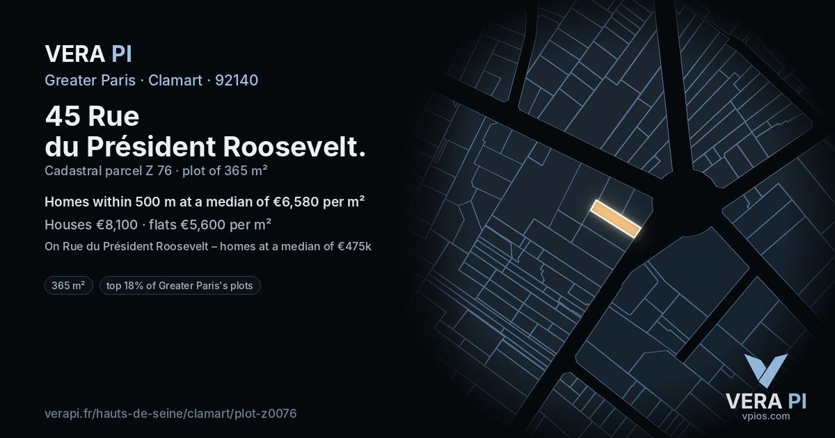 45 Rue du Président Roosevelt, Clamart at night – the plot lit, the parcels around coloured by the prices near them