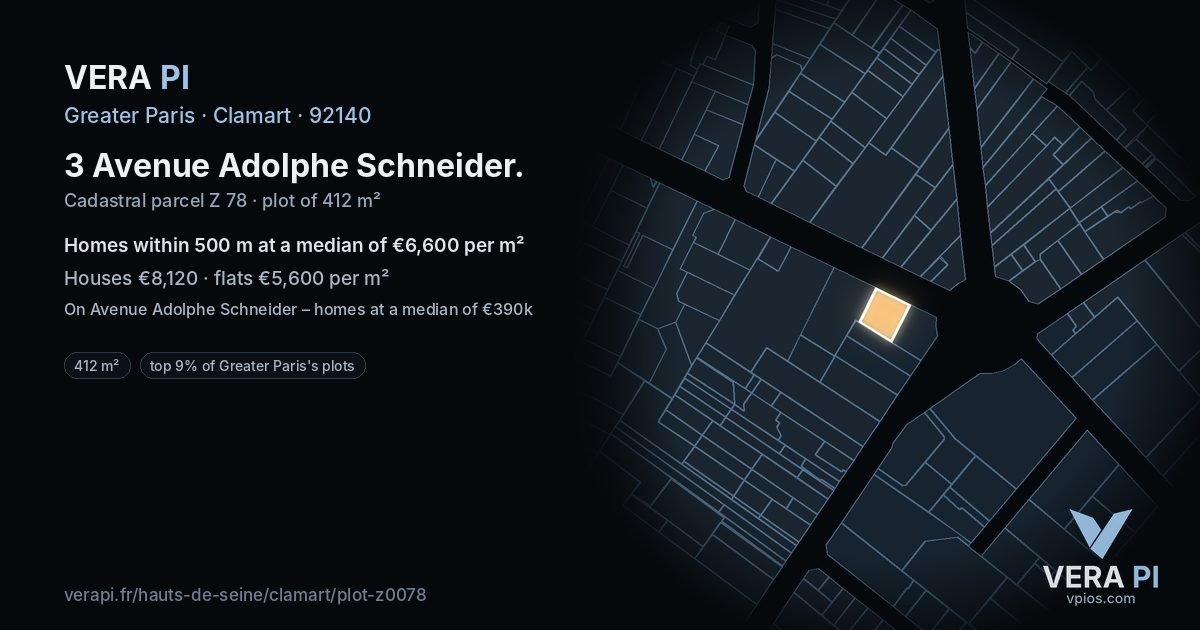 3 Avenue Adolphe Schneider, Clamart at night – the plot lit, the parcels around coloured by the prices near them