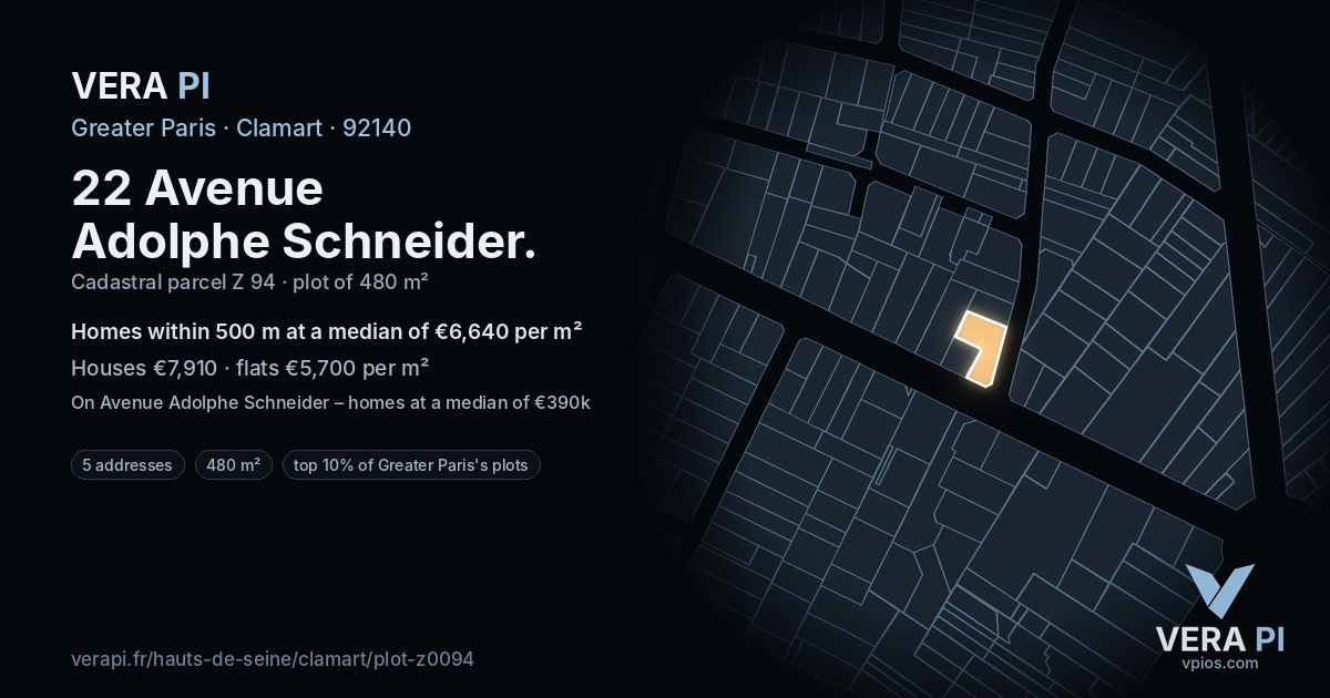 22 Avenue Adolphe Schneider, Clamart at night – the plot lit, the parcels around coloured by the prices near them