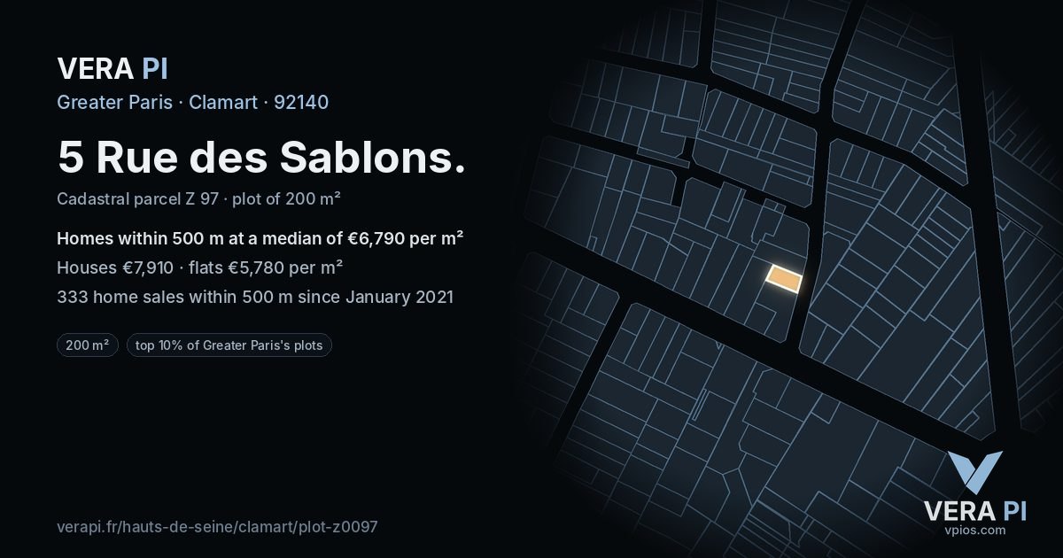 5 Rue des Sablons, Clamart at night – the plot lit, the parcels around coloured by the prices near them