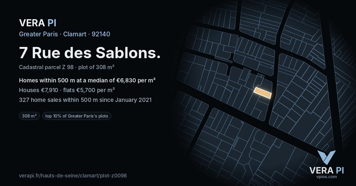 7 Rue des Sablons, Clamart at night – the plot lit, the parcels around coloured by the prices near them