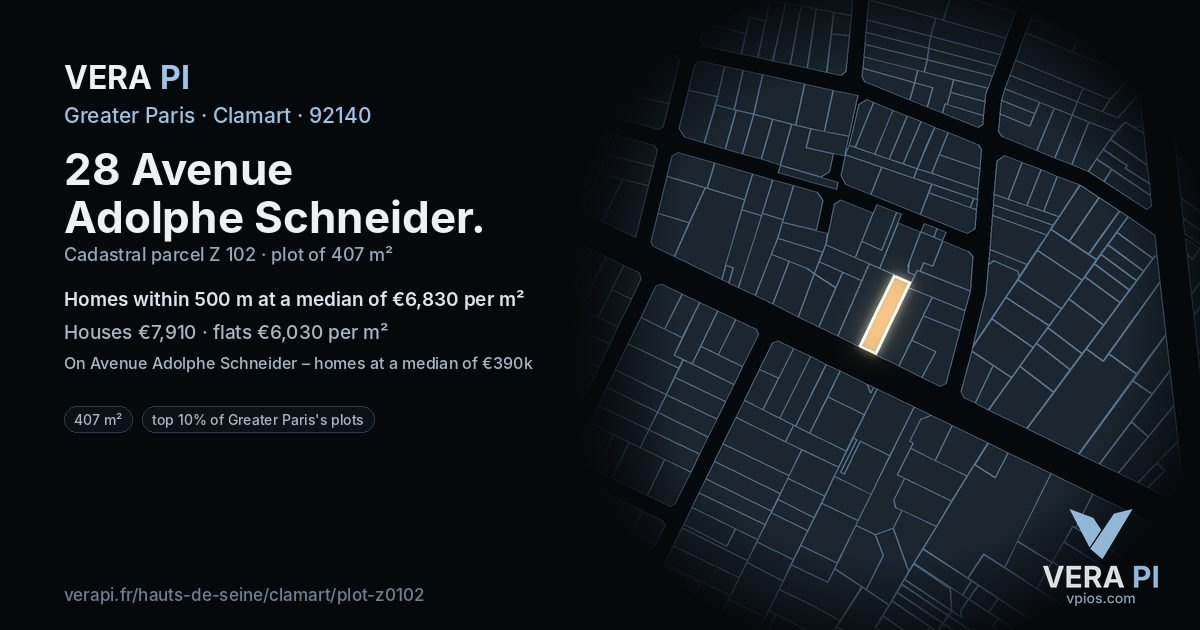 28 Avenue Adolphe Schneider, Clamart at night – the plot lit, the parcels around coloured by the prices near them