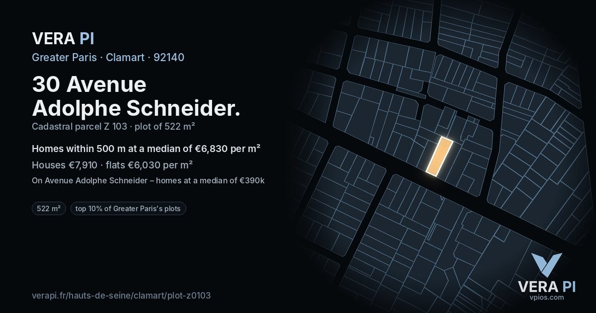 30 Avenue Adolphe Schneider, Clamart at night – the plot lit, the parcels around coloured by the prices near them