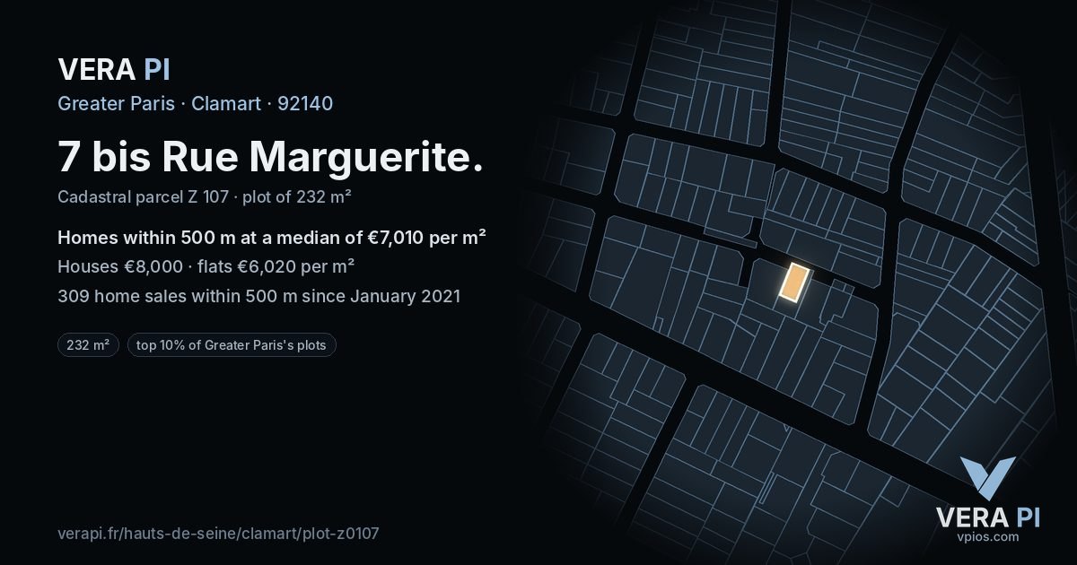 7 bis Rue Marguerite, Clamart at night – the plot lit, the parcels around coloured by the prices near them