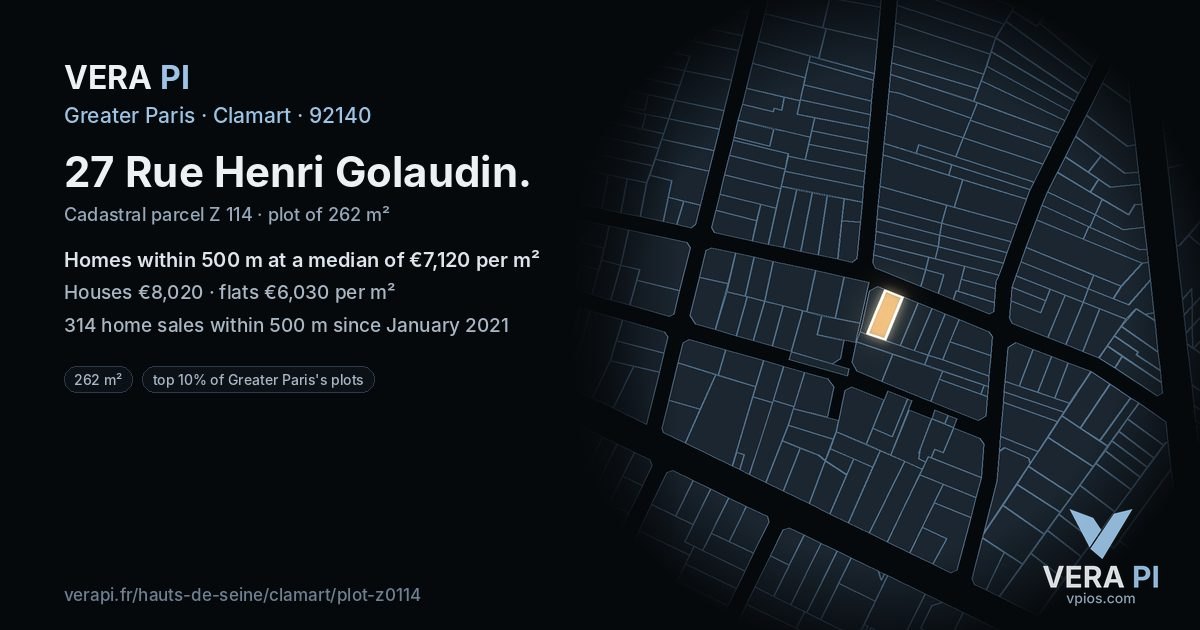 27 Rue Henri Golaudin, Clamart at night – the plot lit, the parcels around coloured by the prices near them
