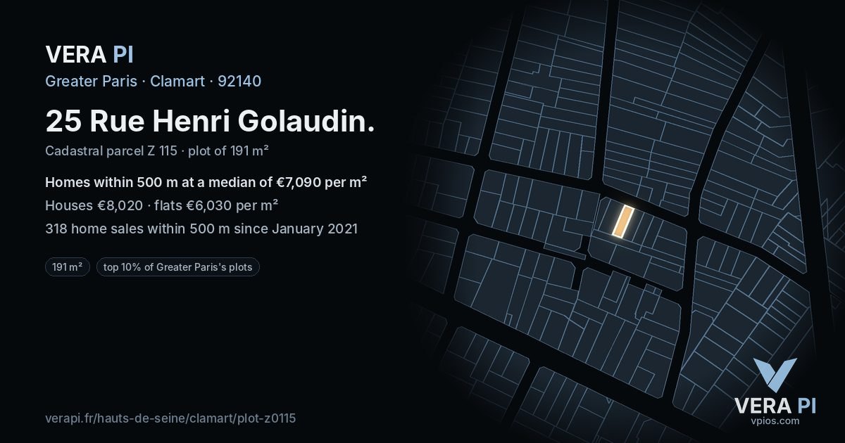 25 Rue Henri Golaudin, Clamart at night – the plot lit, the parcels around coloured by the prices near them