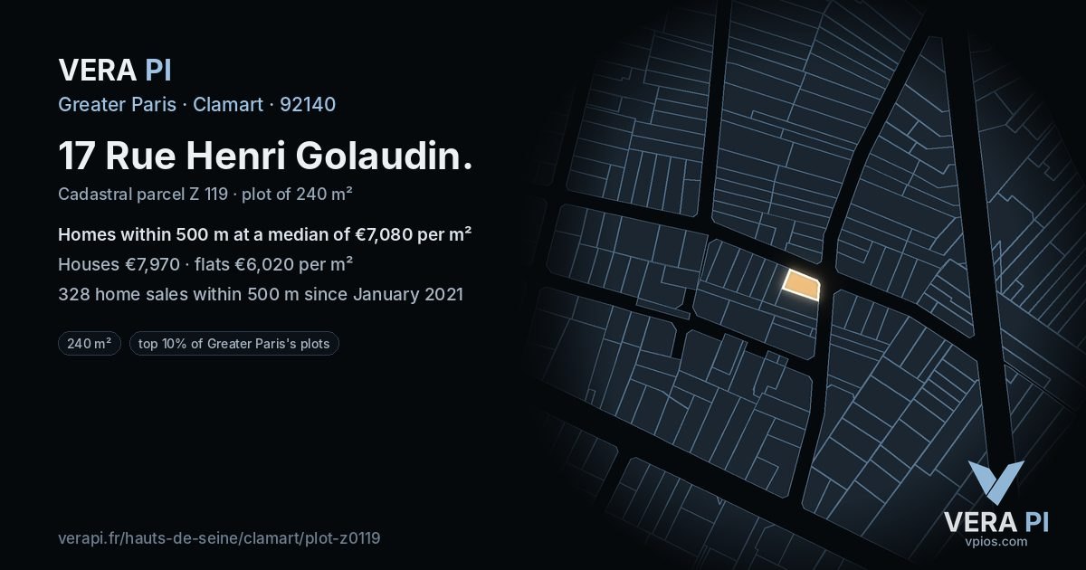 17 Rue Henri Golaudin, Clamart at night – the plot lit, the parcels around coloured by the prices near them
