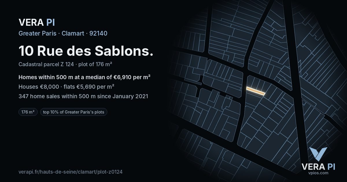 10 Rue des Sablons, Clamart at night – the plot lit, the parcels around coloured by the prices near them