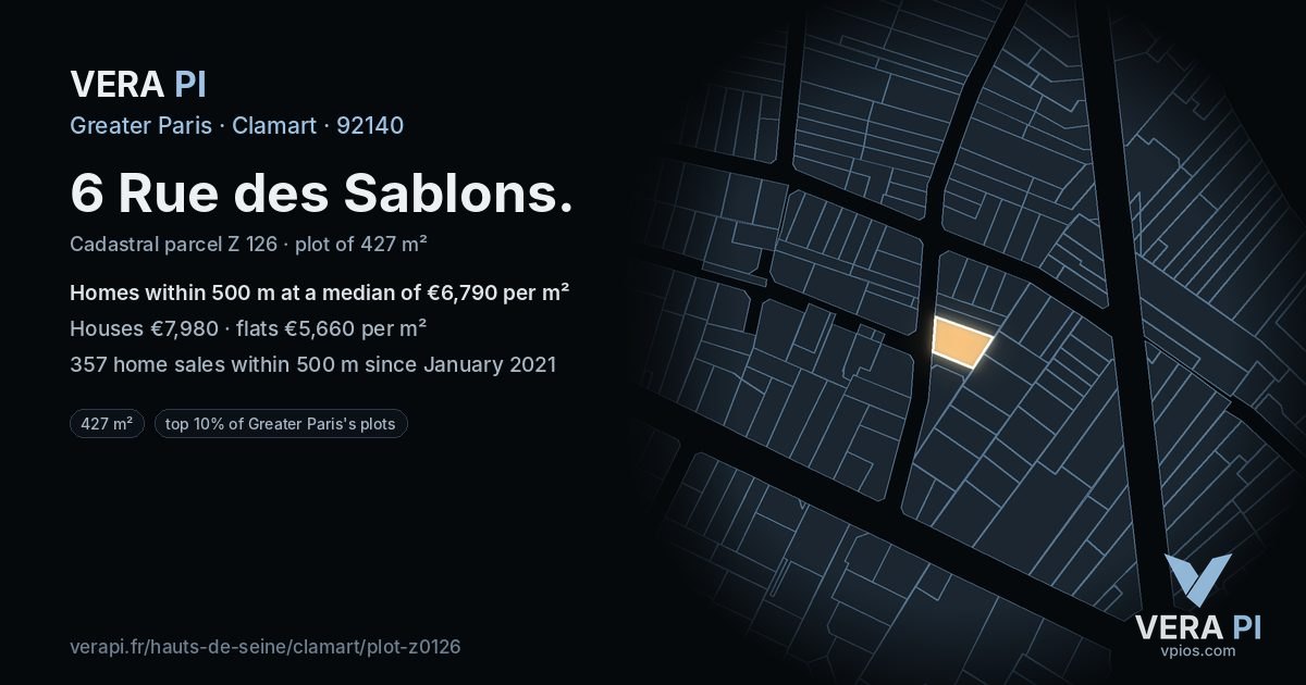 6 Rue des Sablons, Clamart at night – the plot lit, the parcels around coloured by the prices near them