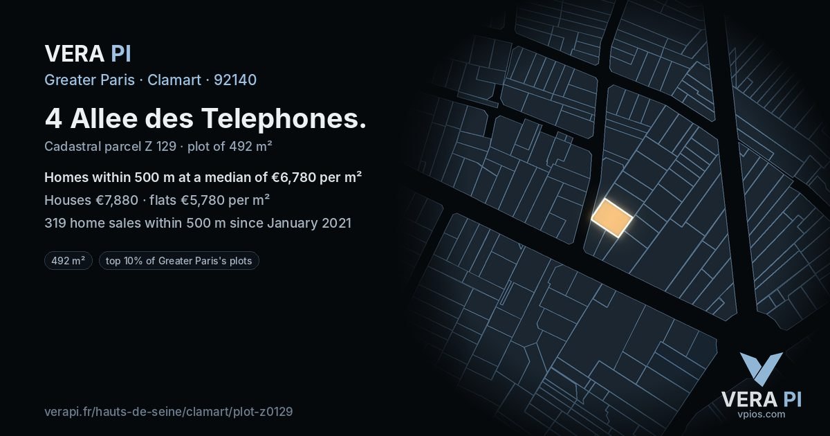 4 Allee des Telephones, Clamart at night – the plot lit, the parcels around coloured by the prices near them
