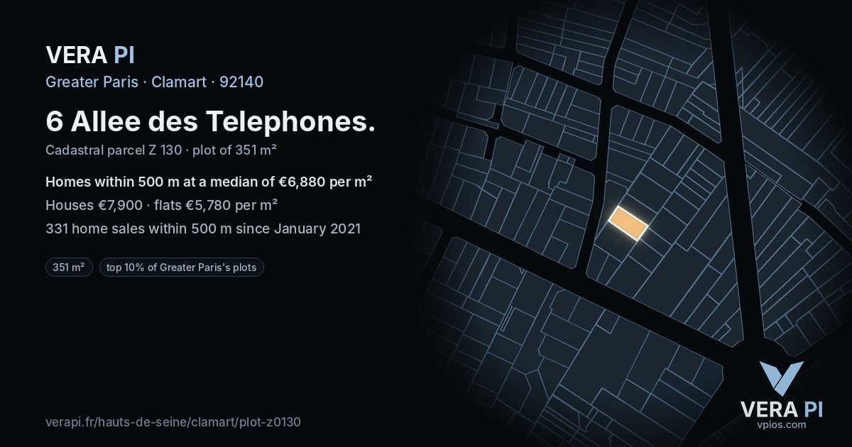 6 Allee des Telephones, Clamart at night – the plot lit, the parcels around coloured by the prices near them