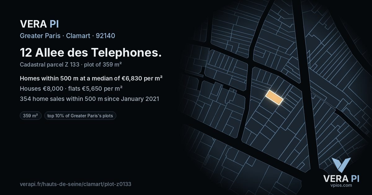 12 Allee des Telephones, Clamart at night – the plot lit, the parcels around coloured by the prices near them