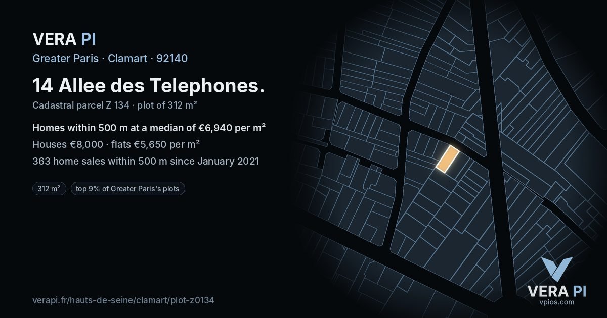 14 Allee des Telephones, Clamart at night – the plot lit, the parcels around coloured by the prices near them