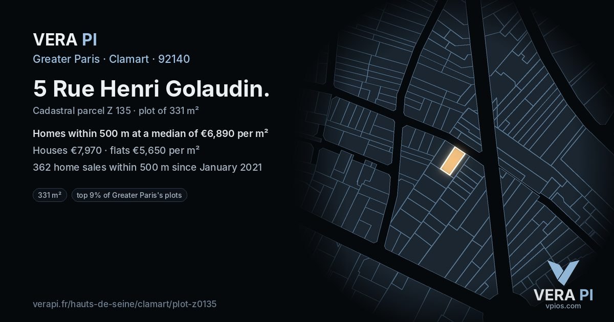 5 Rue Henri Golaudin, Clamart at night – the plot lit, the parcels around coloured by the prices near them