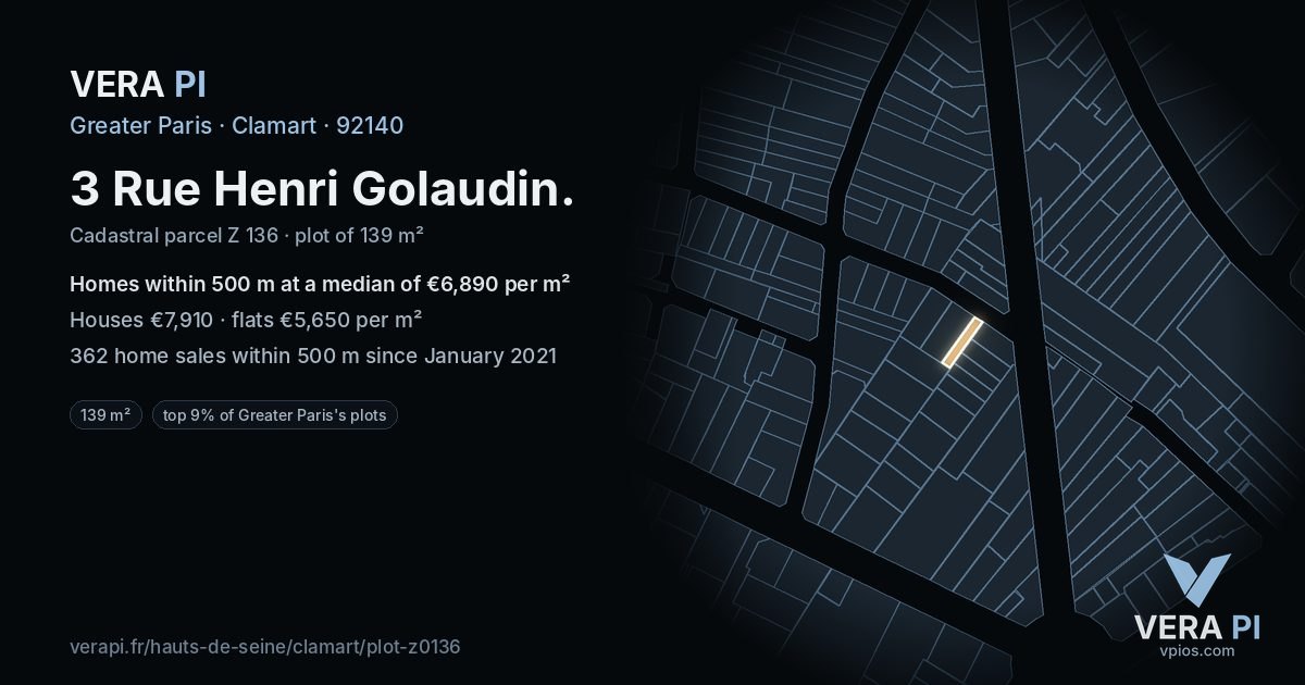 3 Rue Henri Golaudin, Clamart at night – the plot lit, the parcels around coloured by the prices near them