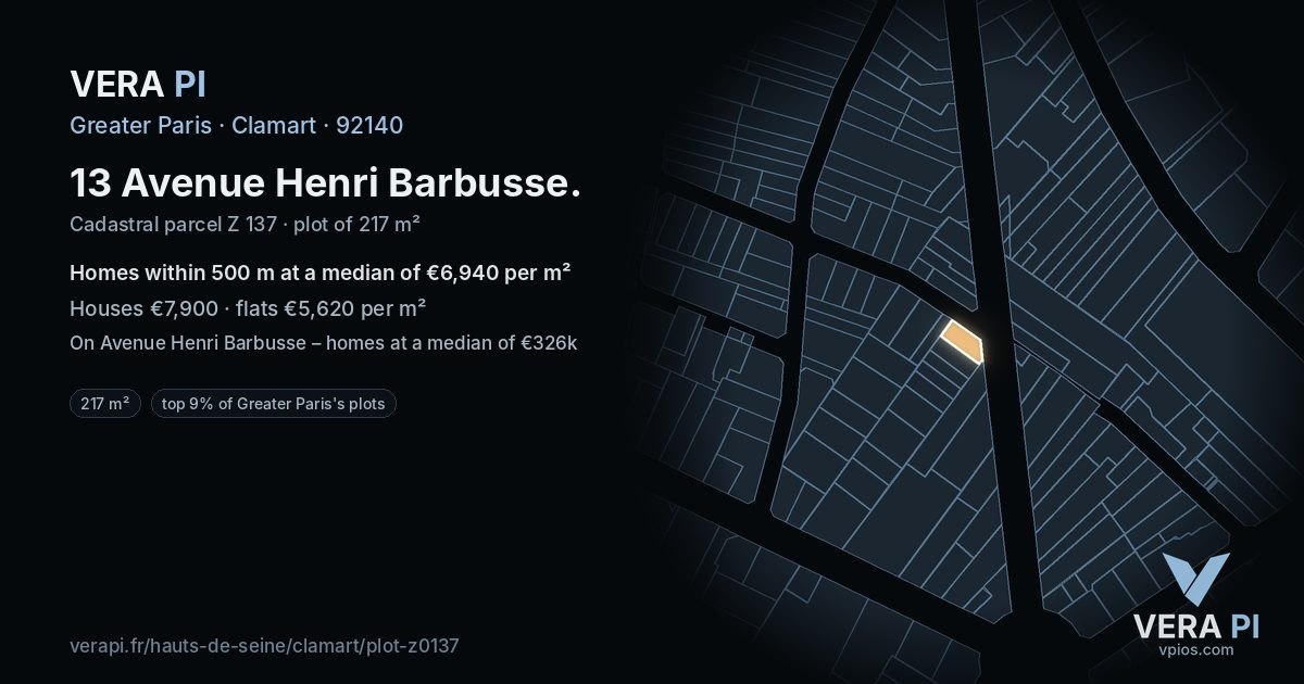 13 Avenue Henri Barbusse, Clamart at night – the plot lit, the parcels around coloured by the prices near them