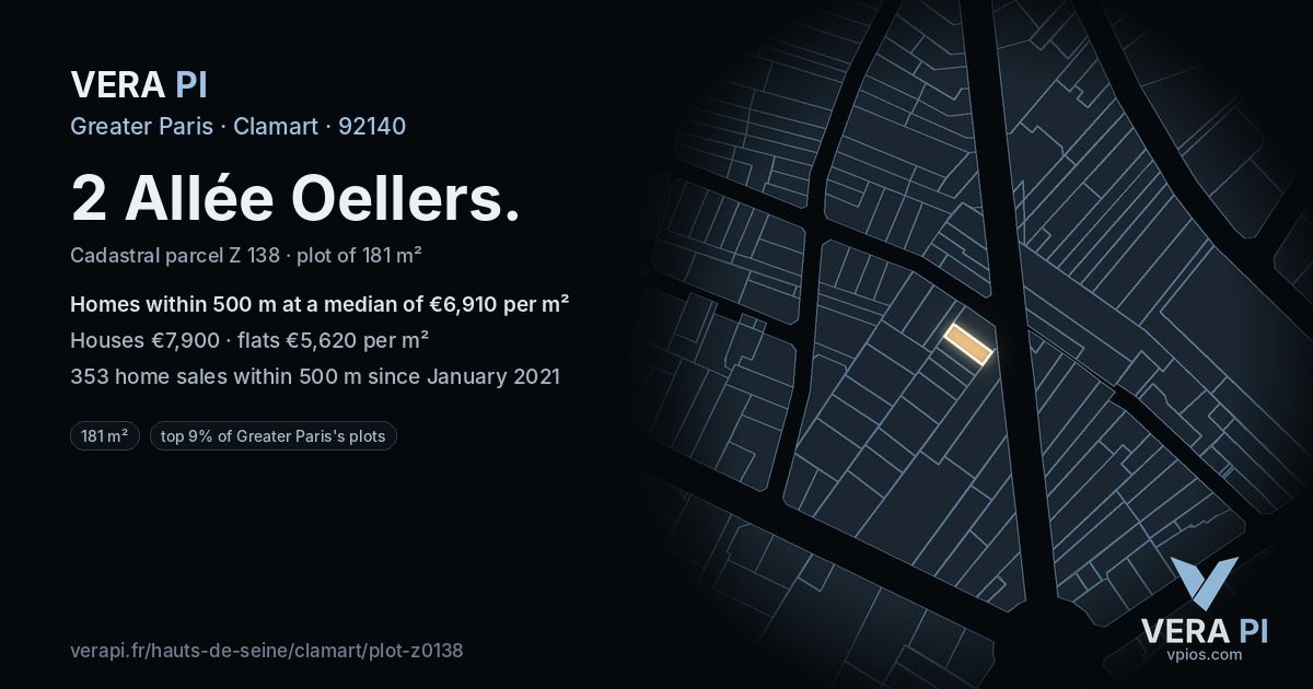 2 Allée Oellers, Clamart at night – the plot lit, the parcels around coloured by the prices near them