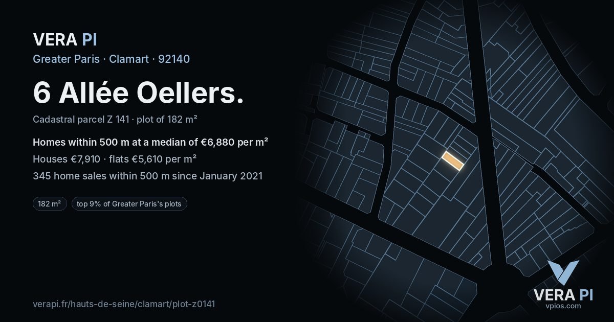 6 Allée Oellers, Clamart at night – the plot lit, the parcels around coloured by the prices near them