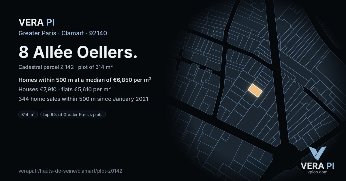 8 Allée Oellers, Clamart at night – the plot lit, the parcels around coloured by the prices near them