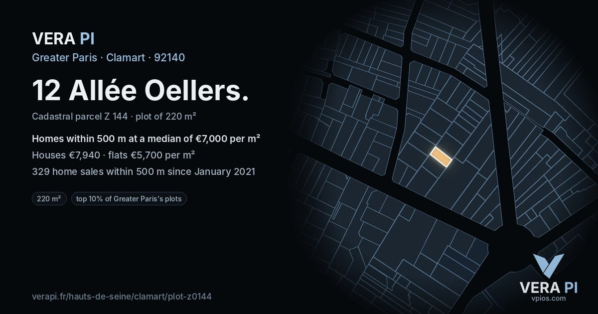 12 Allée Oellers, Clamart at night – the plot lit, the parcels around coloured by the prices near them