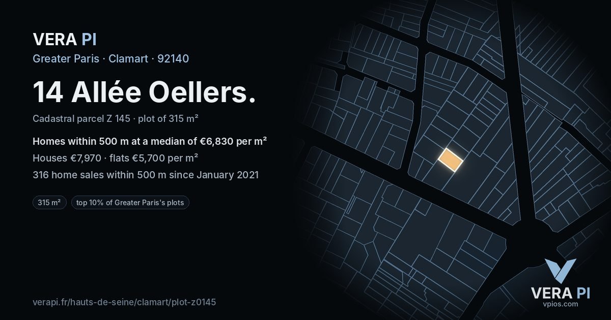 14 Allée Oellers, Clamart at night – the plot lit, the parcels around coloured by the prices near them