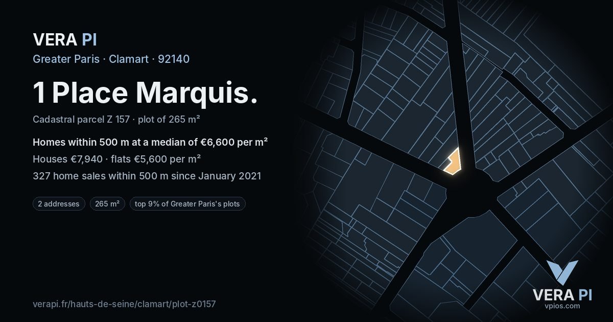 1 Place Marquis, Clamart at night – the plot lit, the parcels around coloured by the prices near them