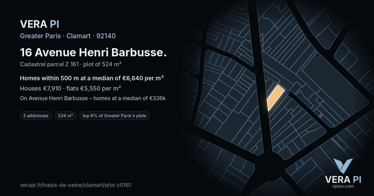 16 Avenue Henri Barbusse, Clamart at night – the plot lit, the parcels around coloured by the prices near them