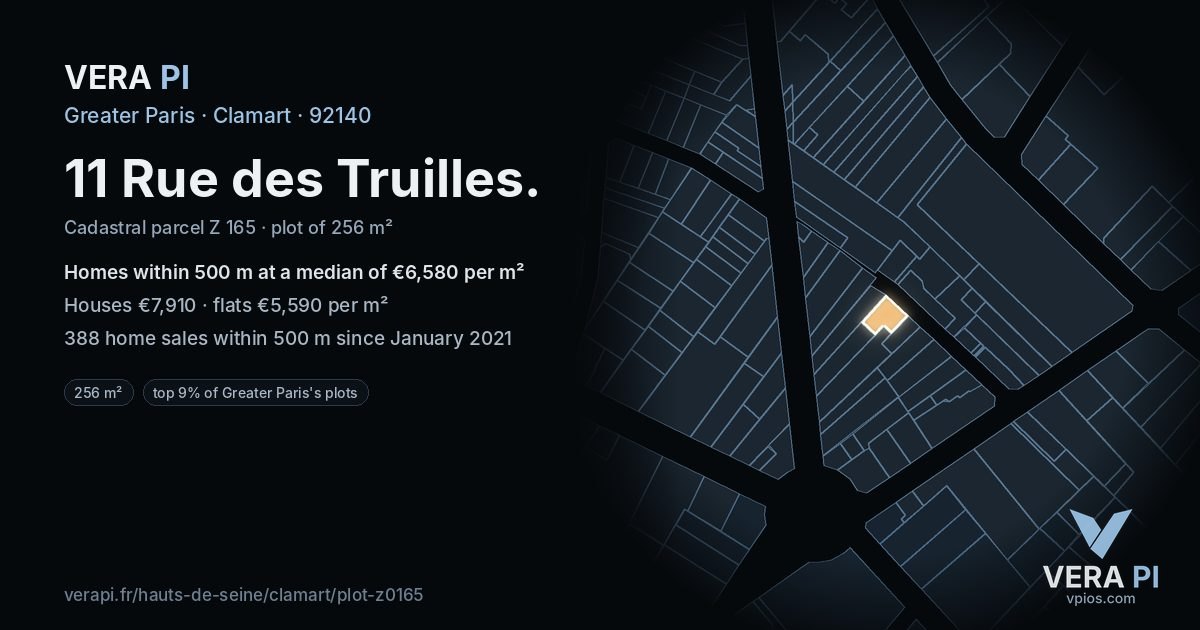 11 Rue des Truilles, Clamart at night – the plot lit, the parcels around coloured by the prices near them