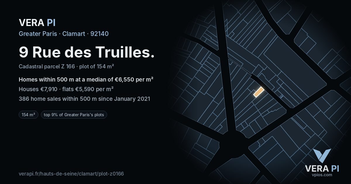 9 Rue des Truilles, Clamart at night – the plot lit, the parcels around coloured by the prices near them