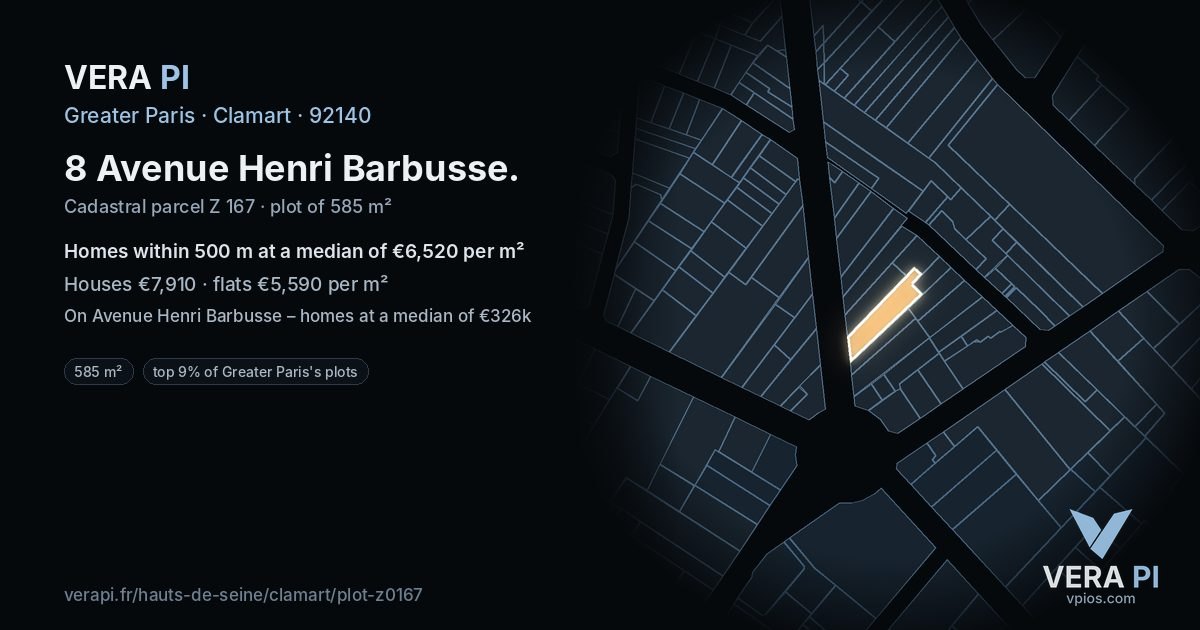 8 Avenue Henri Barbusse, Clamart at night – the plot lit, the parcels around coloured by the prices near them