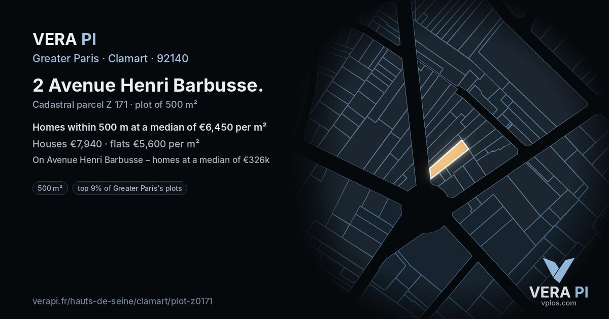 2 Avenue Henri Barbusse, Clamart at night – the plot lit, the parcels around coloured by the prices near them