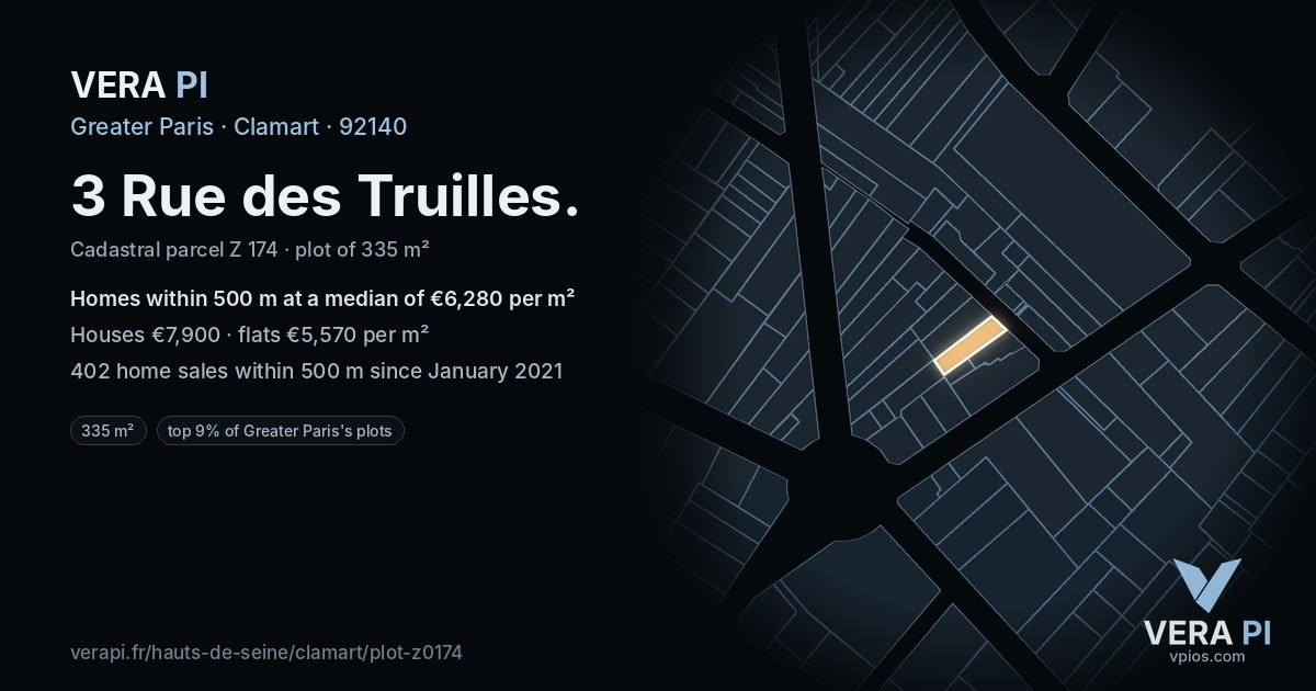 3 Rue des Truilles, Clamart at night – the plot lit, the parcels around coloured by the prices near them