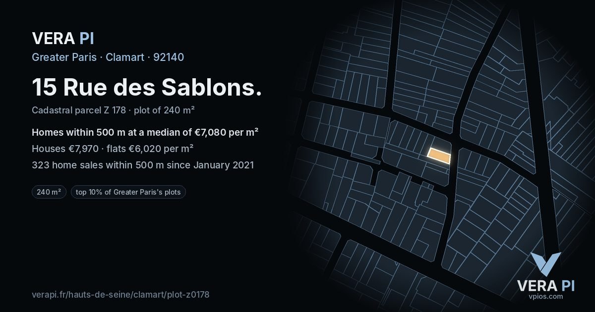 15 Rue des Sablons, Clamart at night – the plot lit, the parcels around coloured by the prices near them